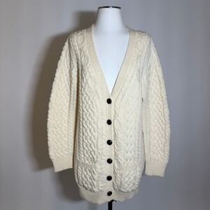 Inis Crafts Ireland Cream Merino Wool Cable Knit Cardigan Sweater Womens Large L